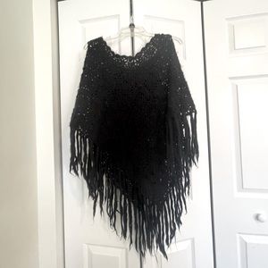 Black Boho-Style Knitted Poncho with Fringe Ends